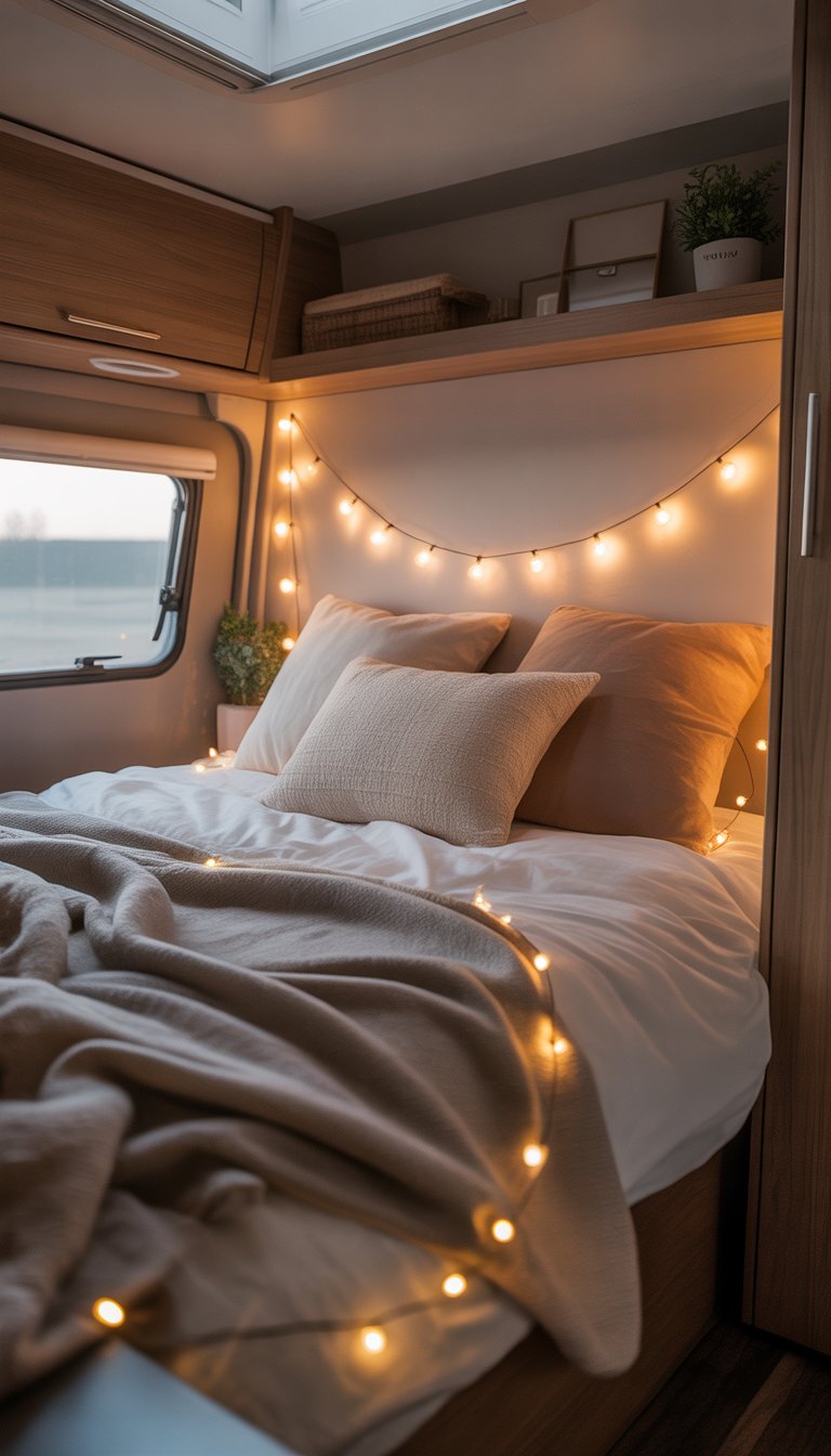 A cozy RV bedroom with a made bed, warm string lights, wooden accents, and a window letting in soft natural light.