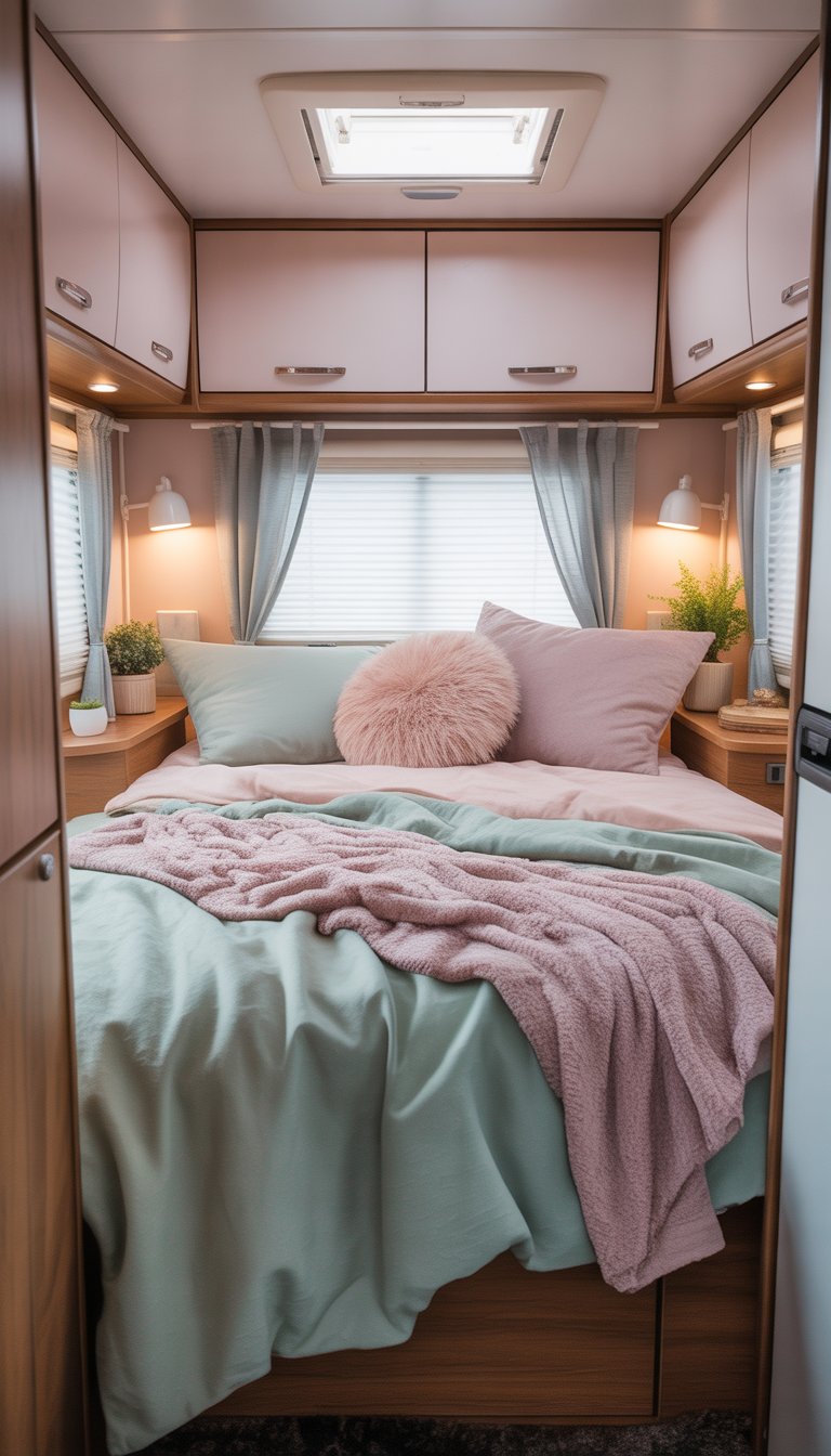 A cozy RV bedroom with a bed, soft pastel bedding, a window with sheer curtains, and small decorative plants.