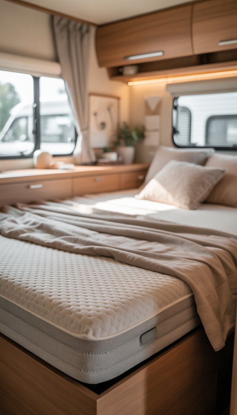 A cozy RV bedroom with a neatly made bed featuring a memory foam mattress topper, warm wooden cabinets, and sunlight coming through the windows.
