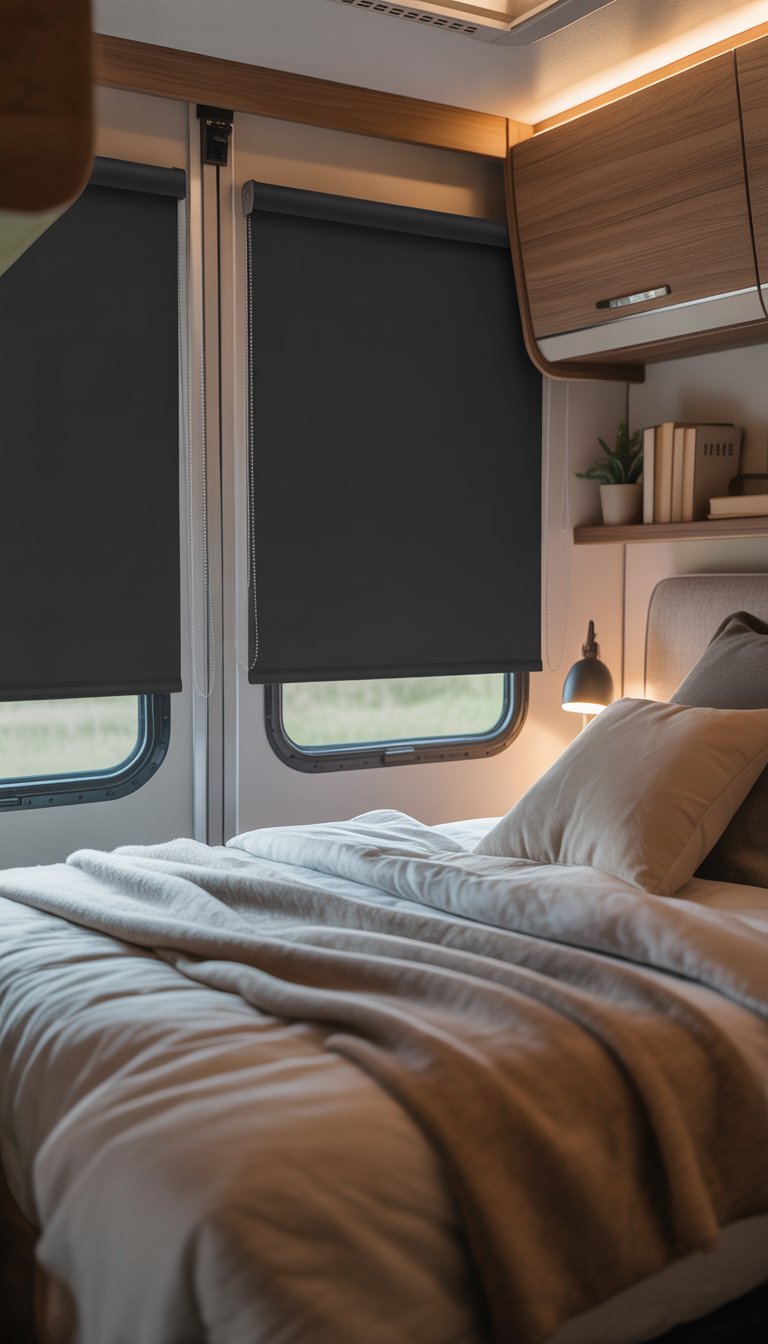 A cozy RV bedroom with a neatly made bed and blackout roller shades covering the windows, creating a peaceful and restful atmosphere.
