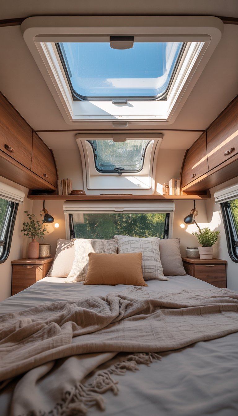 Cozy RV bedroom with a skylight letting in natural light above a neatly made bed.