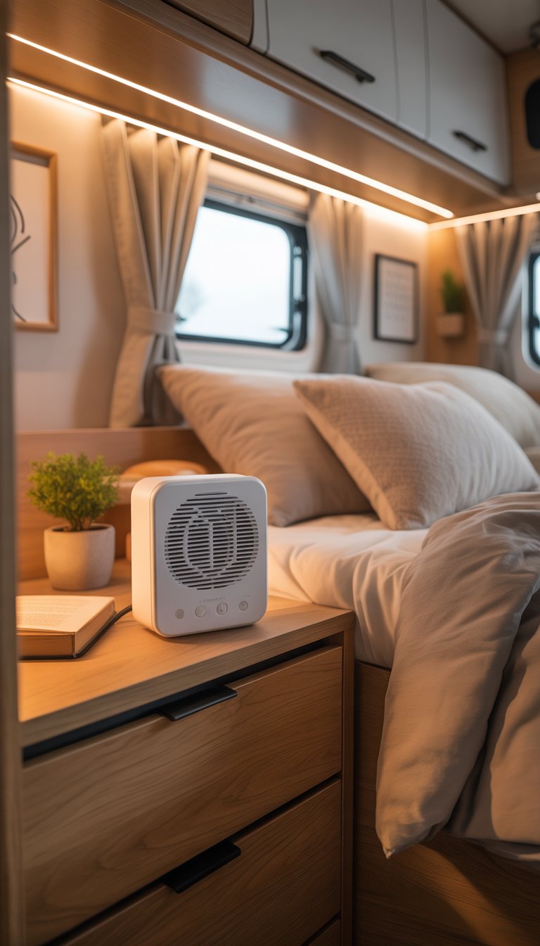 A cozy RV bedroom with a bed, nightstand holding a compact sound machine, a small plant, and natural light coming through a window.