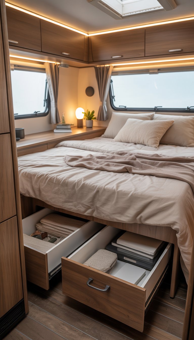 An RV bedroom with under-bed storage drawers open, showing organized storage beneath a neatly made bed.