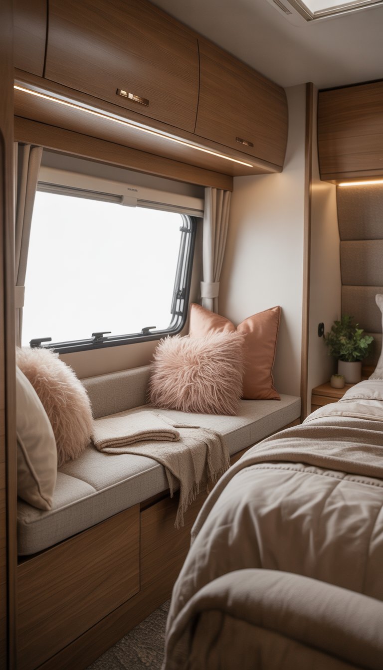 Cozy RV bedroom with a window seat filled with cushions beneath a large window, next to a neatly made bed.