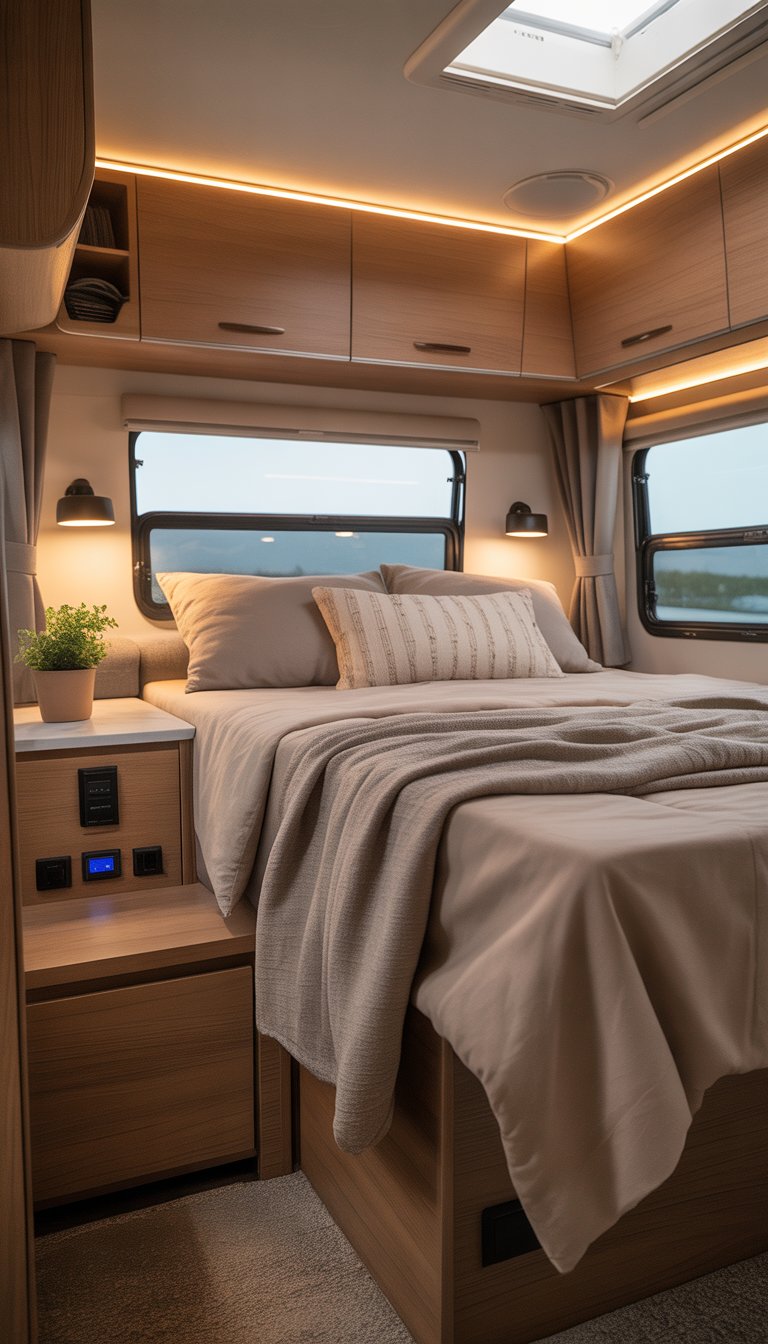 Cozy RV bedroom with a comfortable bed, built-in USB charging ports on bedside tables, wood cabinetry, and natural light from large windows.
