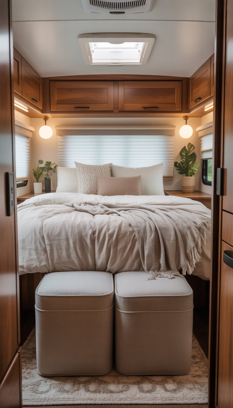 An RV bedroom with a bed and storage ottomans at the foot of the bed.