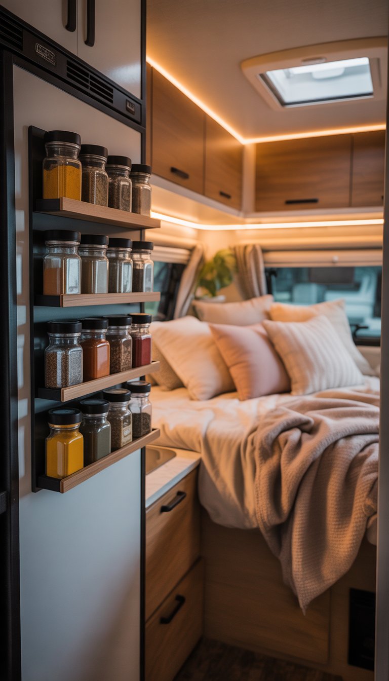 A small cozy RV bedroom with a comfortable bed and magnetic spice jars mounted on the wall for storage.