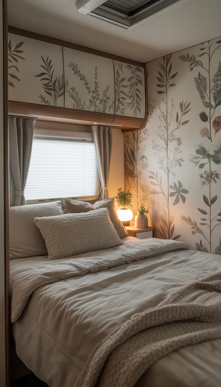 Cozy RV bedroom with nature-themed wallpaper, a neatly made bed, and soft natural light coming through a window.