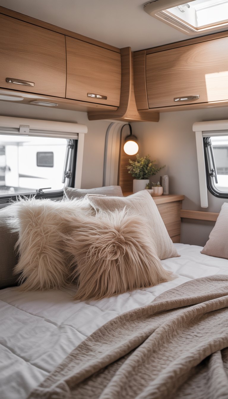A cozy RV bedroom with a bed decorated with soft faux fur pillows and natural light coming through a window.