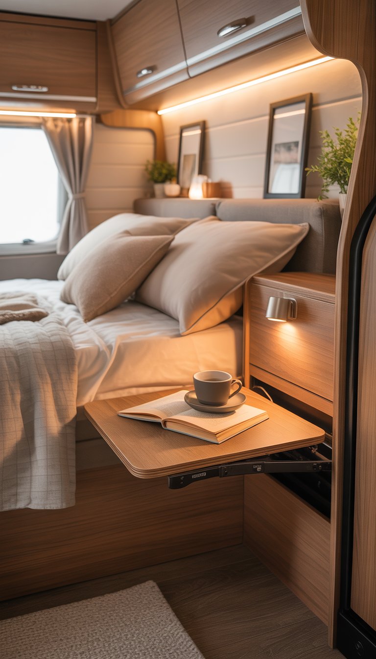 Cozy RV bedroom with a fold-down bedside table next to a bed, featuring warm lighting and wooden cabinetry.