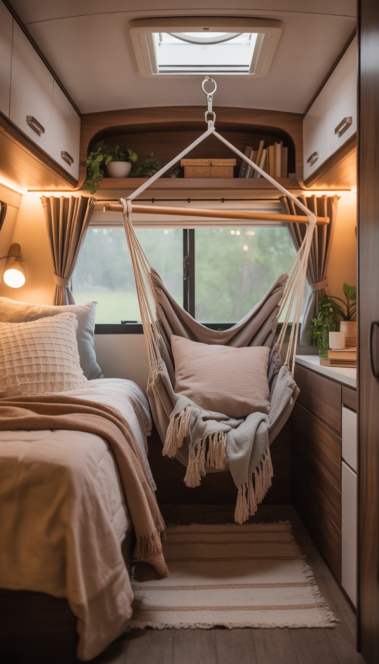 A cozy RV bedroom with a hanging hammock chair near a window, a bed with layered bedding, and warm natural light.