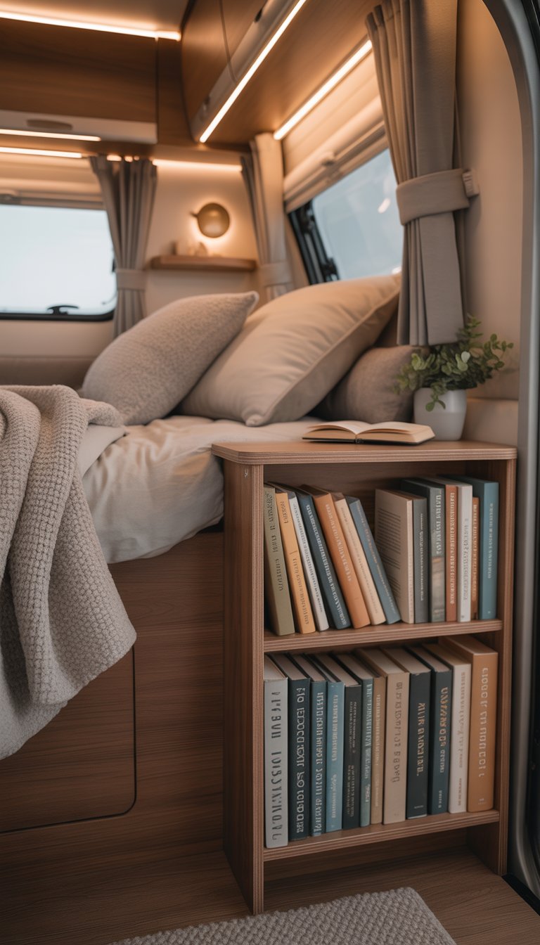 Cozy RV bedroom with a small bookshelf filled with books next to a comfortable bed.