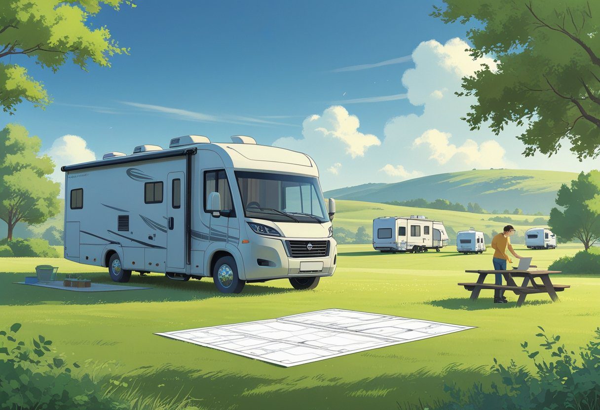 A person looking at a map next to an RV parked on a grassy plot of land surrounded by trees and hills.