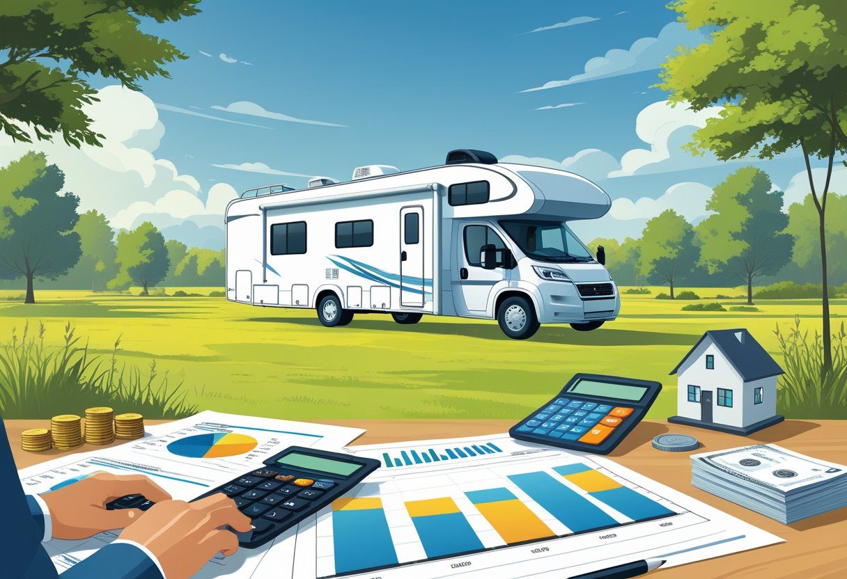 A person reviewing financial documents and charts at a table near an RV parked on a spacious plot of land surrounded by trees.