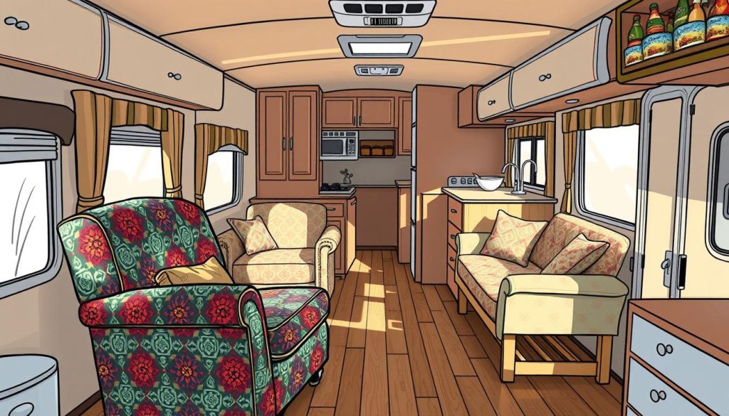A cozy, well-lit RV interior with a focus on DIY reupholstered furniture. In the foreground, a refurbished armchair with a vibrant, bohemian-inspired fabric pattern. In the middle ground, a loveseat and coffee table with similarly reupholstered cushions. The background features shelves and cabinets, hinting at the personalized, handcrafted nature of the space. Natural lighting streams in through large windows, creating a warm and inviting atmosphere. The overall scene exudes a sense of comfort, creativity, and the satisfaction of transforming a bare RV into a unique, custom-made living space.
