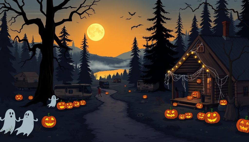 A spooky autumn evening at Lake Rudolph Campground & RV Resort. In the foreground, ghostly jack-o'-lanterns glow along a winding path, leading trick-or-treaters towards a cozy cabin adorned with cobwebs and eerie silhouettes. Tall, twisted trees cast long shadows in the fading daylight, as a full moon rises over the still, reflective waters of the lake. Subtle fog drifts between the campsites, creating an atmosphere of mystery and anticipation. The campground is alive with the laughter and costumes of Halloween revelers, ready to enjoy a night of haunting festivities.