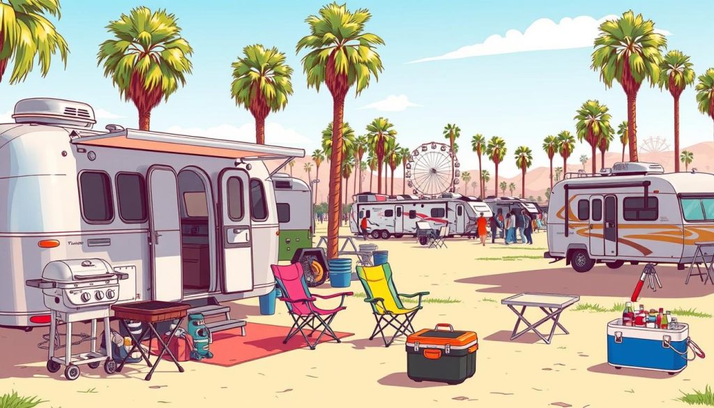 A sun-dappled scene of a Coachella RV camping experience. In the foreground, an open-concept Airstream trailer with sleek aluminum exterior glimmers invitingly. Nearby, a neatly arranged display of essential gear - a portable grill, colorful camping chairs, a collapsible table, and a cooler stocked with refreshments. In the middle ground, several RVs of various makes and sizes are parked, their owners socializing and preparing for the festival. The background reveals the iconic Coachella palm trees swaying gently, with the distant Ferris wheel visible on the horizon, setting the mood for a carefree, music-filled weekend.