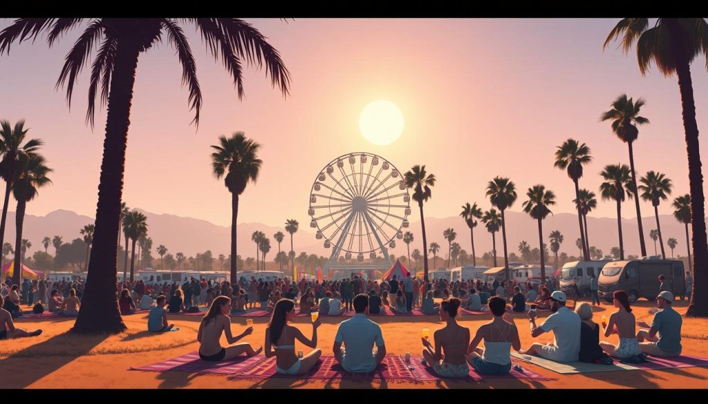 A sun-drenched festival scene at Coachella, with towering palm trees casting long shadows across a sprawling field. In the foreground, a group of festivalgoers relax on colorful bohemian rugs, sipping drinks and chatting animatedly. Behind them, a ferris wheel rises majestically, its neon lights casting a warm glow over the crowd. In the distance, the silhouettes of RVs dot the horizon, their occupants savoring the off-site festival experience. The atmosphere is one of carefree revelry, with a soft, hazy light illuminating the scene and creating a sense of timeless, festival-fueled bliss.