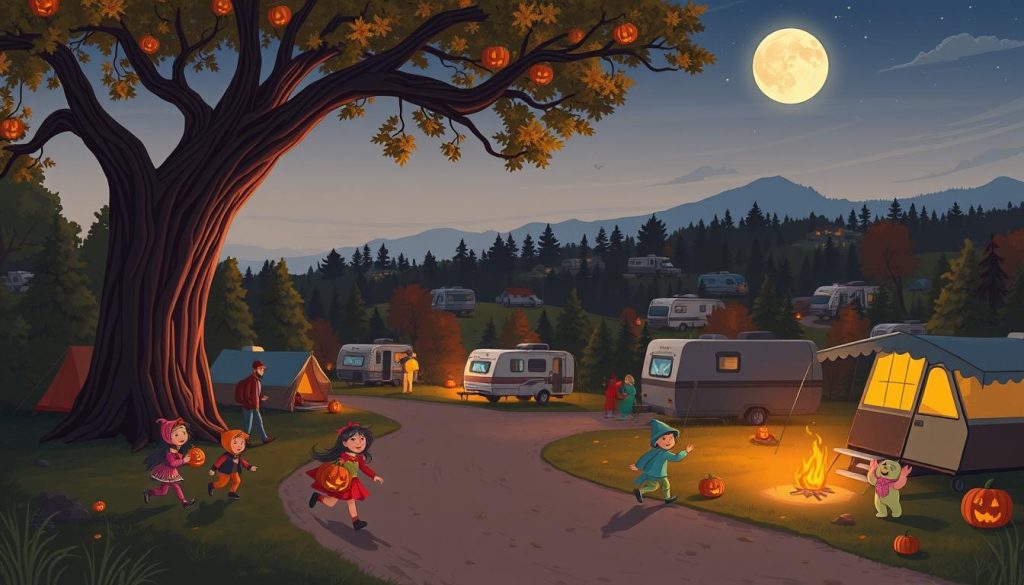 A warm autumn night casts a soft glow over a bustling campground. Children in colorful costumes scurry from site to site, their laughter ringing out as they collect treats from smiling campers. A towering oak tree stands watch, its branches casting flickering shadows across the packed dirt paths. In the distance, the silhouettes of tents and RVs dot the landscape, creating a cozy, intimate atmosphere. The scene is bathed in a combination of moonlight and the warm glow of campfires, lending an enchanting, magical quality to the Halloween festivities unfolding before the viewer.