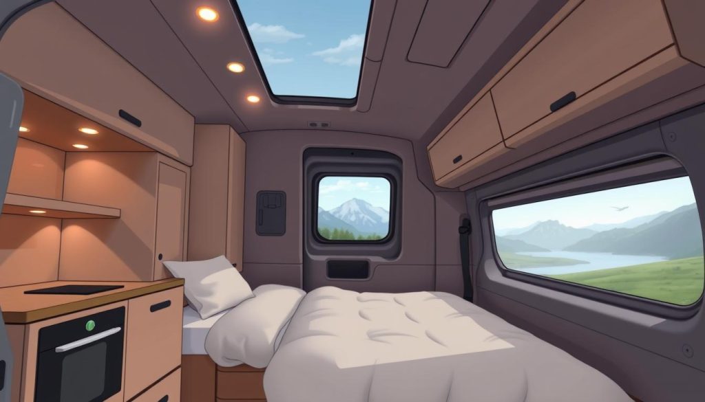 A well-designed van conversion with a modern, minimalist aesthetic. The interior features a cozy sleeping area, a compact kitchenette, and clever storage solutions. Warm, diffused lighting from recessed LEDs creates a inviting ambiance. The exterior has a sleek, aerodynamic profile with a muted color palette, blending seamlessly with the natural surroundings. High-quality materials and precise craftsmanship are evident throughout, reflecting the attention to detail in the van's transformation. A panoramic side window offers unobstructed views of the scenic landscape. The scene conveys a sense of adventure, comfort, and the freedom of the open road.