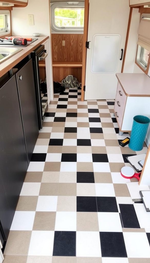Black and white checkerboard vinyl flooring being installed in a modern camper