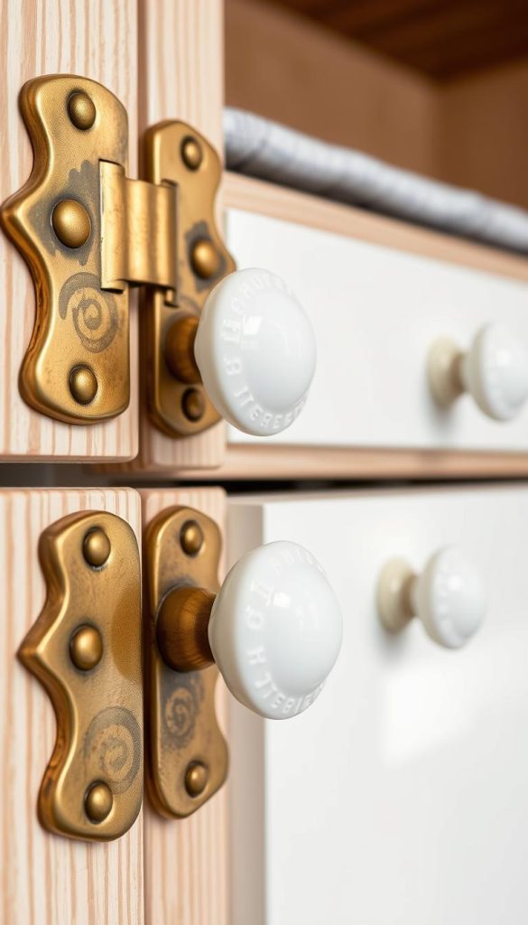 Close-up of vintage-style brass cabinet latches and porcelain knobs installed on camper cabinetry