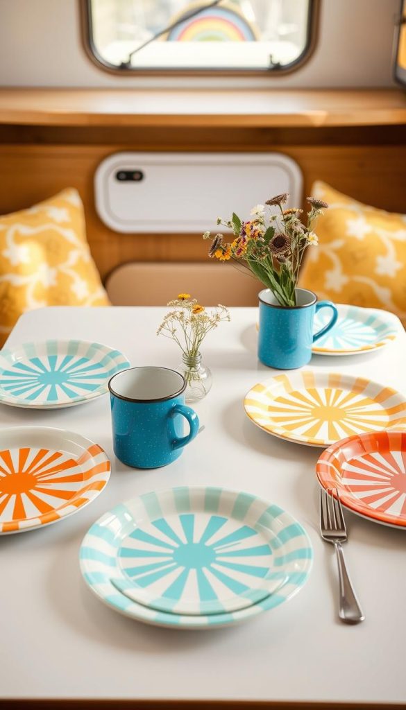 Collection of colorful vintage-inspired melamine plates and enamelware mugs set for a meal in a camper