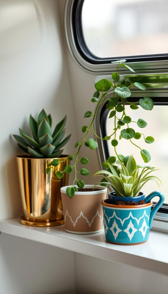 Collection of small plants displayed in vintage containers including brass planters and repurposed enamelware