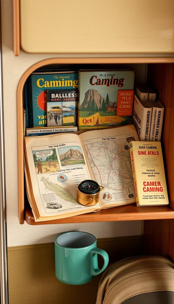 Collection of vintage camping guides, road atlases, and travel books displayed in a camper