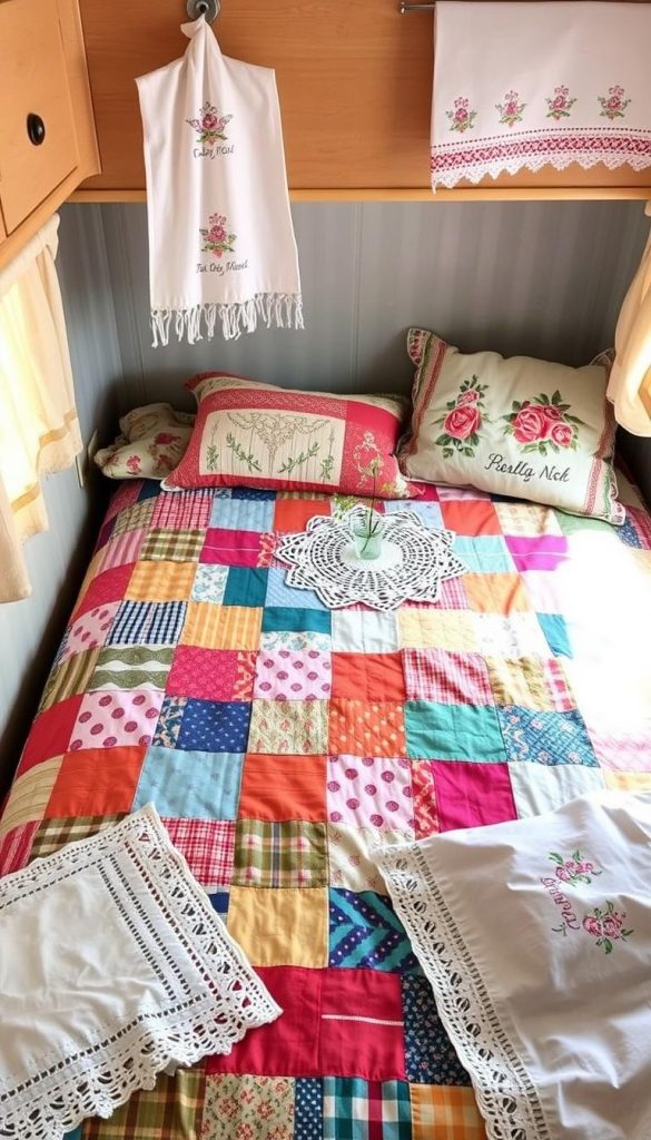 Collection of vintage linens including embroidered tea towels and a colorful quilt in a camper bedroom
