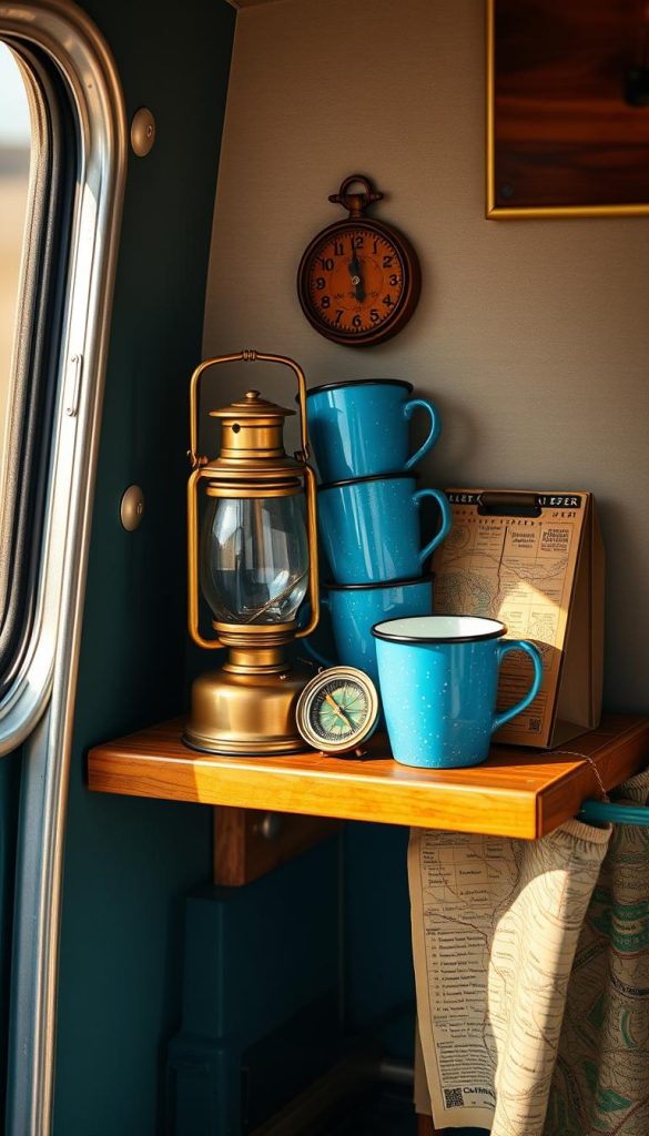 Curated display of vintage camping accessories including an antique lantern and enamelware