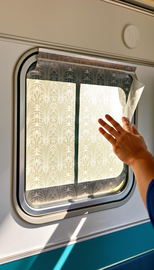 Decorative window film with art deco pattern being applied to a camper window