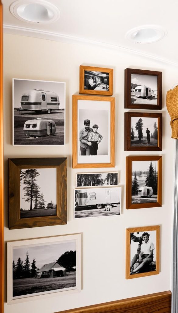 Gallery wall of framed vintage camping photographs and personal travel memories in a camper
