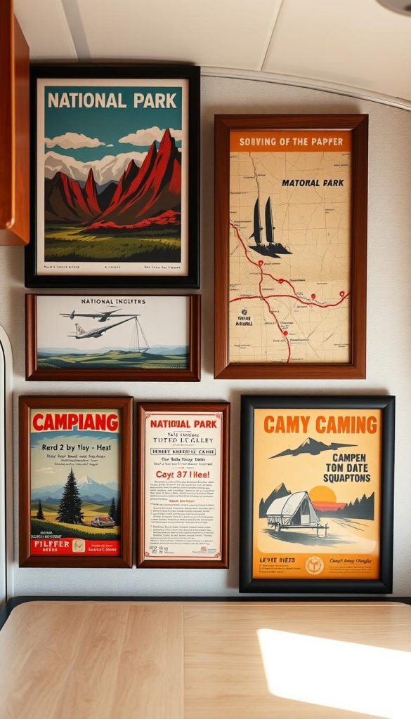 Gallery wall of framed vintage travel posters and national park advertisements in a camper