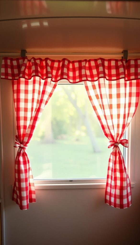 Gingham check cafe curtains with vintage curtain clips on a camper window