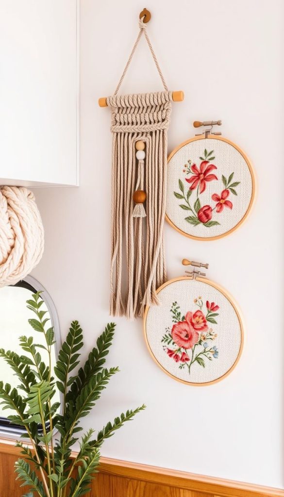Handcrafted macramé wall hanging and embroidery hoops with vintage designs displayed in a camper