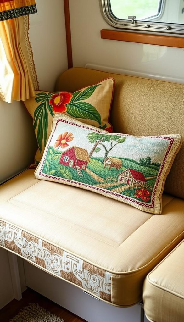 Handcrafted throw pillows made from vintage fabrics arranged on a camper dinette bench