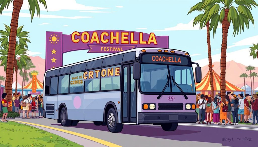 Image of a shuttle bus driving towards the Coachella festival grounds