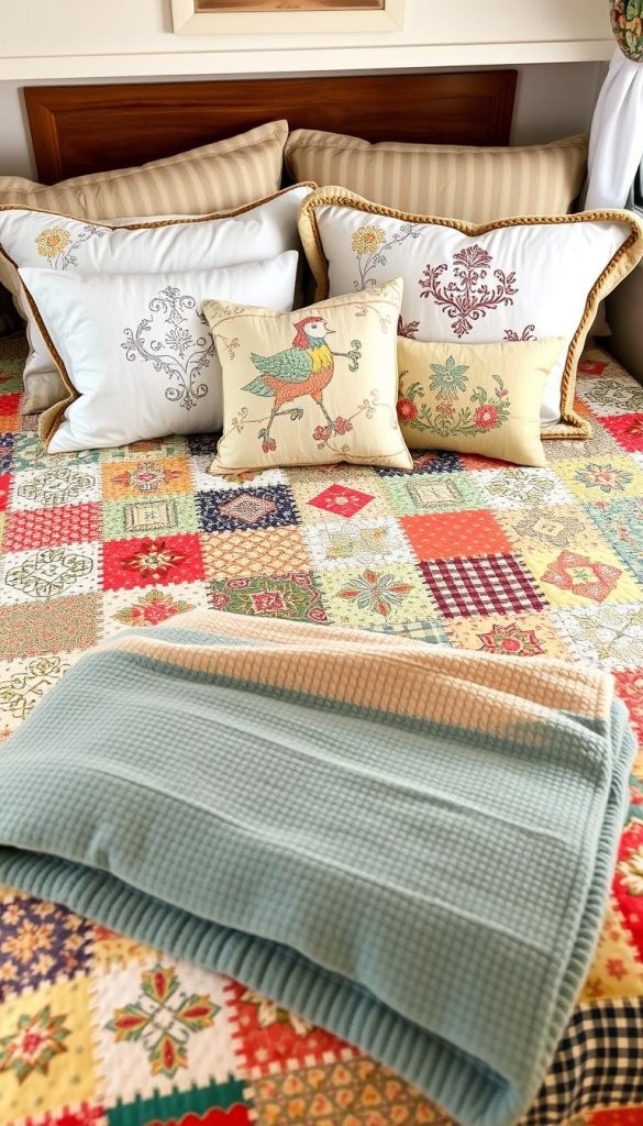 Layered vintage-inspired bedding including a colorful quilt and embroidered pillowcases in a camper bedroom