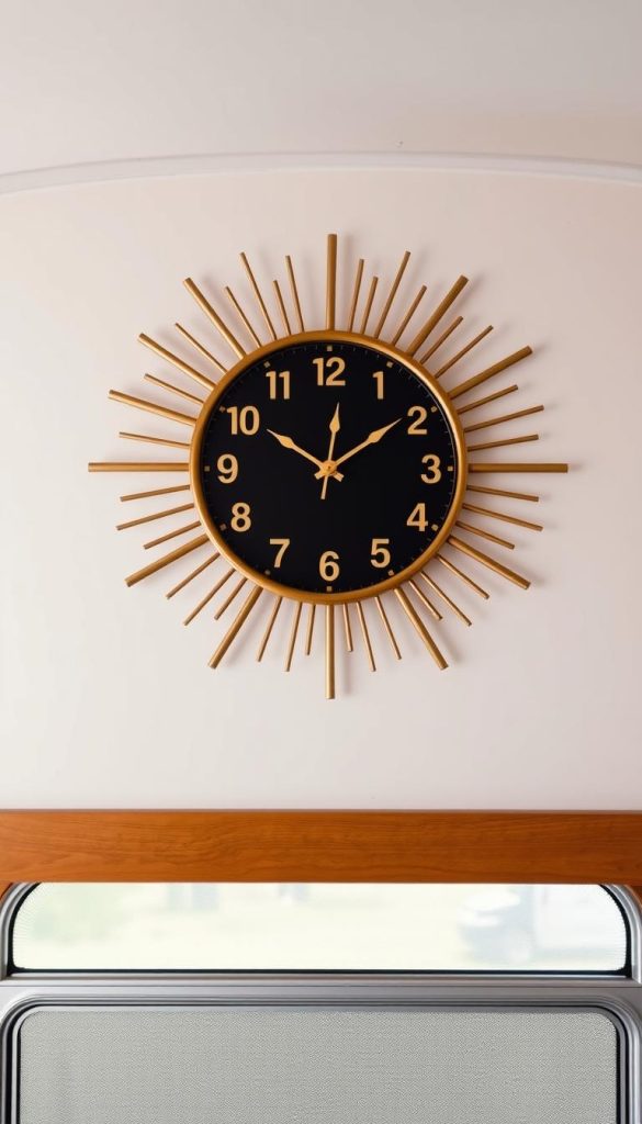 Mid-century starburst wall clock mounted in a modern camper interior