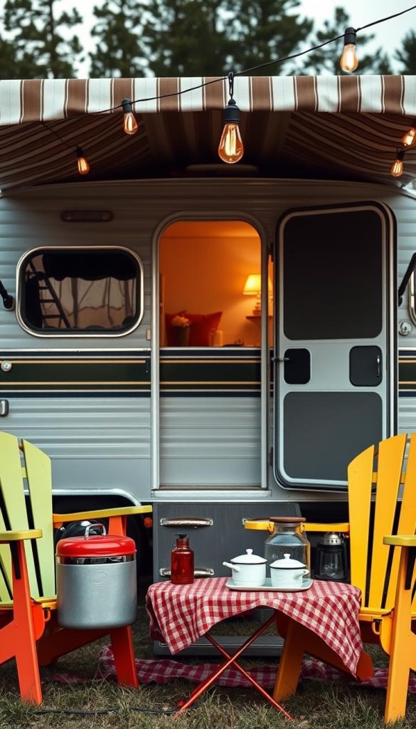Modern camper exterior with vintage-inspired striped awning, retro camp chairs, and outdoor accessories