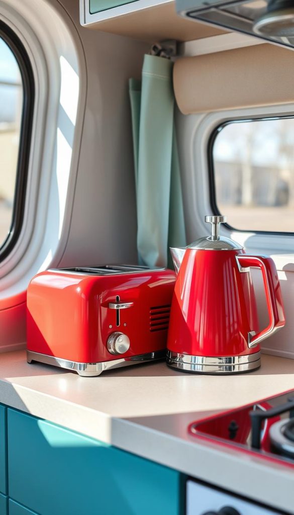 Retro-styled mint green toaster and red kettle in a modern camper kitchen