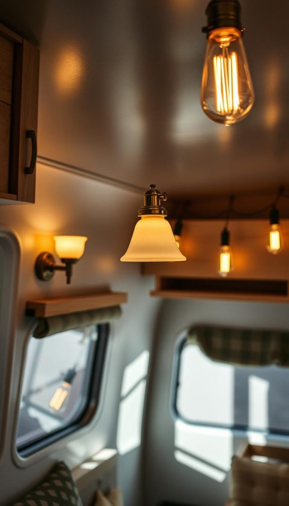 Vintage-inspired lighting fixtures installed in a modern camper