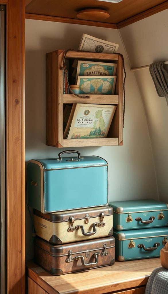 Vintage storage solutions including wooden crates and metal bread boxes in a camper