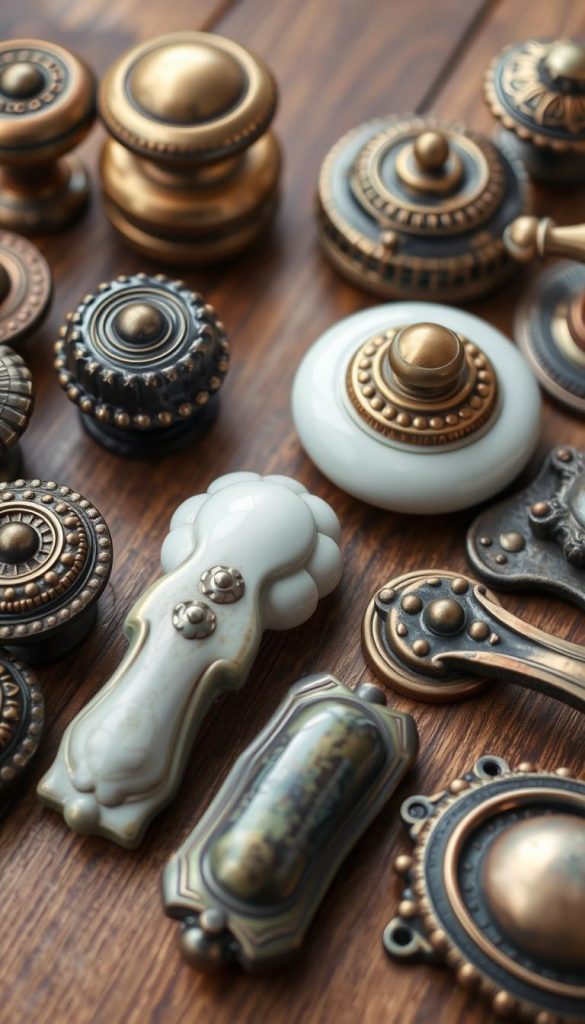 Vintage-style brass and porcelain cabinet knobs and drawer pulls for camper renovation