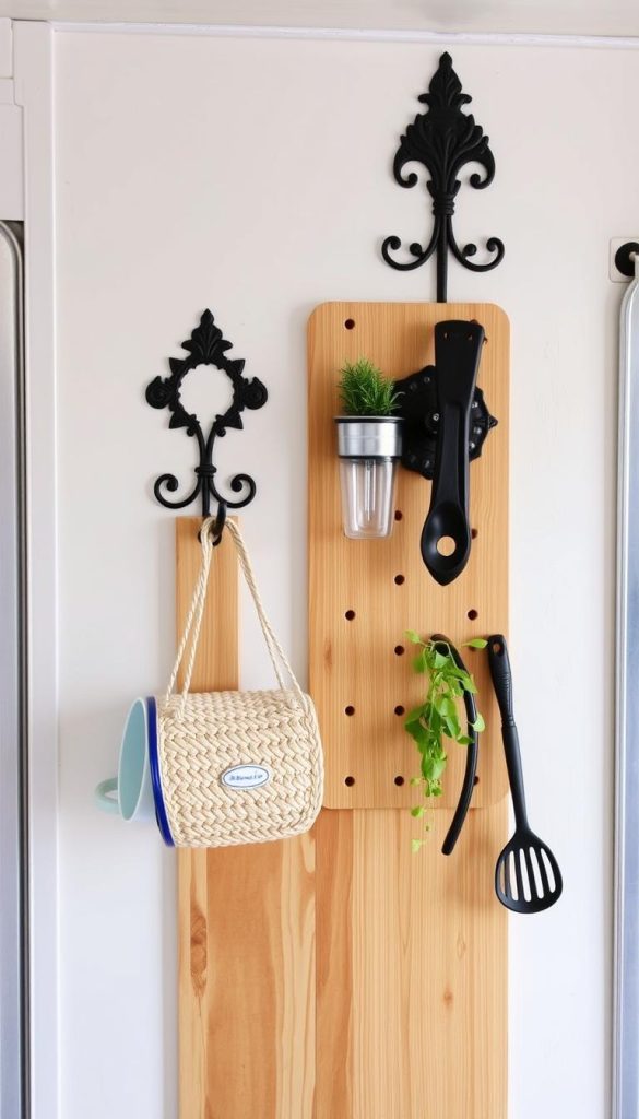 Vintage-style cast iron hooks and wooden pegboard installed in a camper for functional storage
