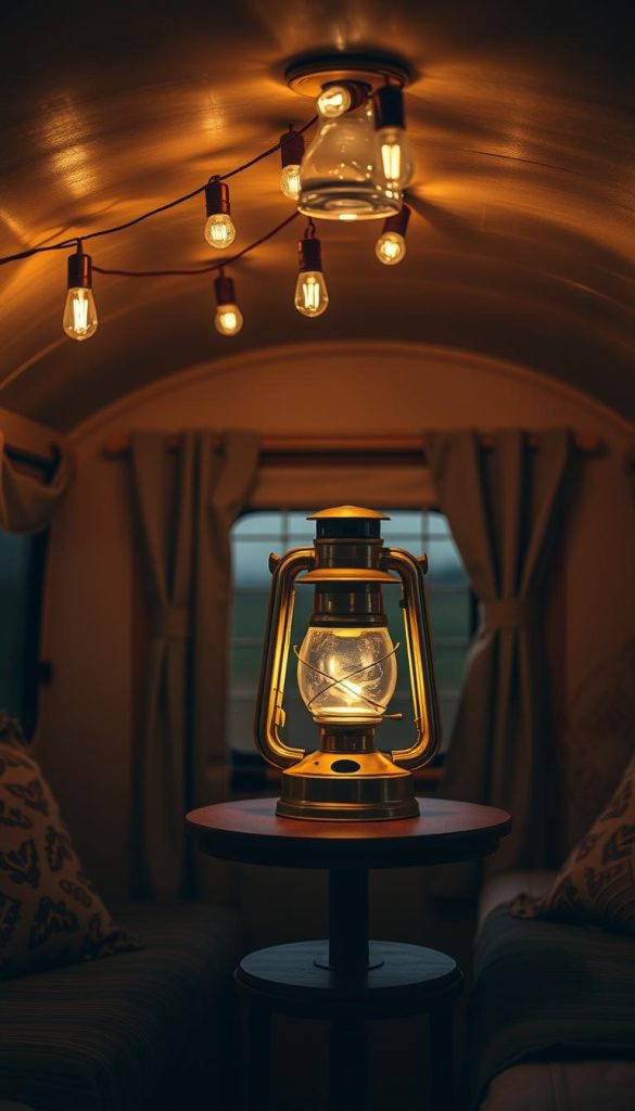 Vintage-style oil lamp and Edison bulb string lights creating warm ambiance in a camper at dusk