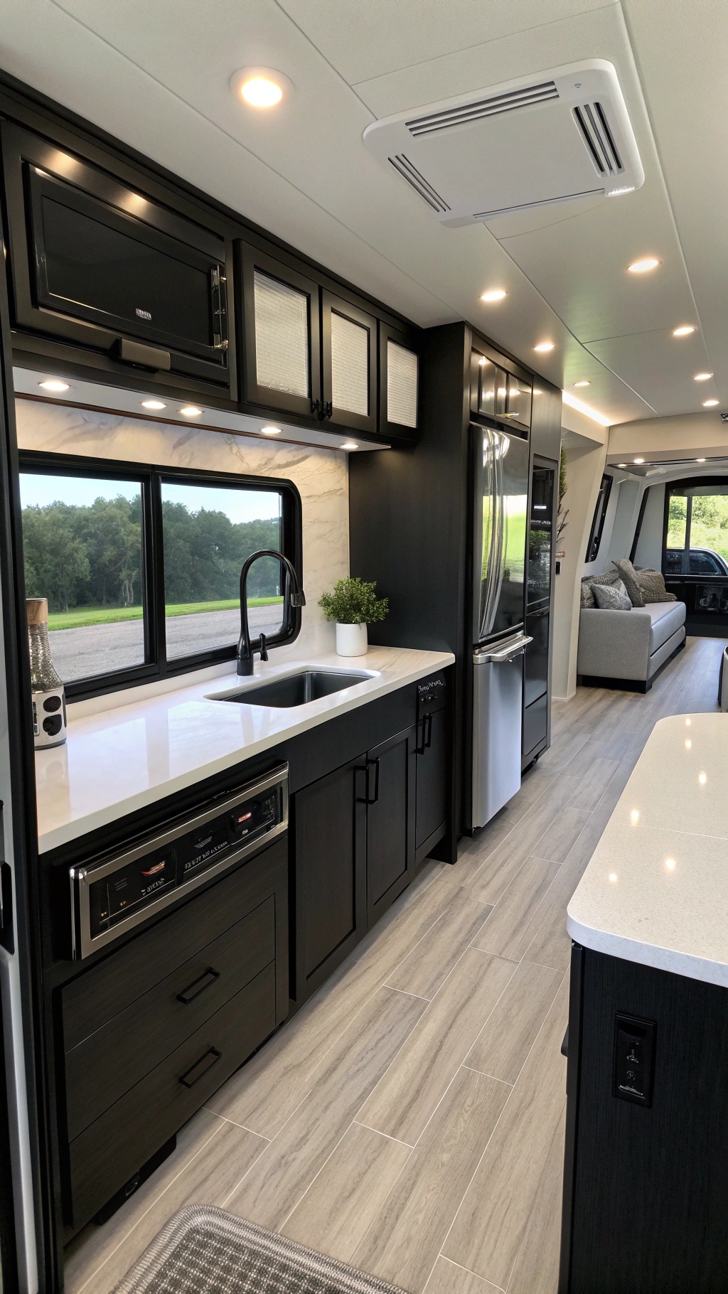 Modern RV interior with sleek black cabinets and white countertops