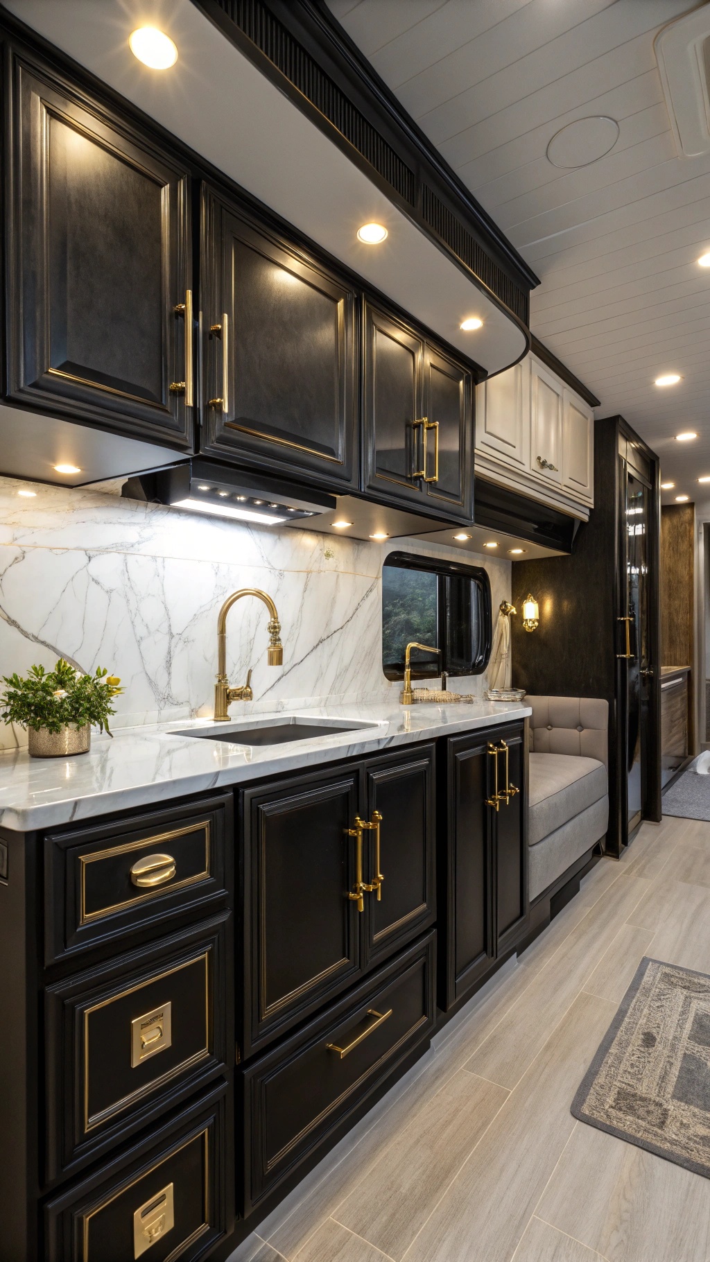 RV kitchen with glossy black cabinets and gold hardware