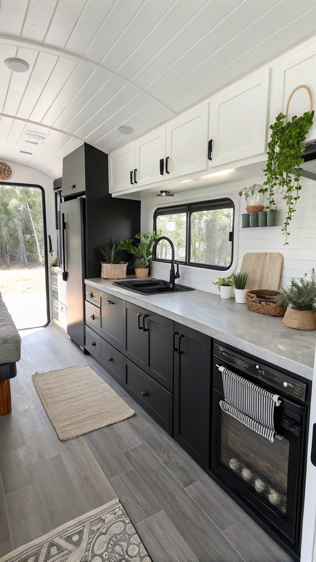 Minimalist RV kitchen with black cabinets
